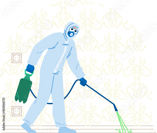 Exterminator spraying pest control chemicals for disinfection and cleaning