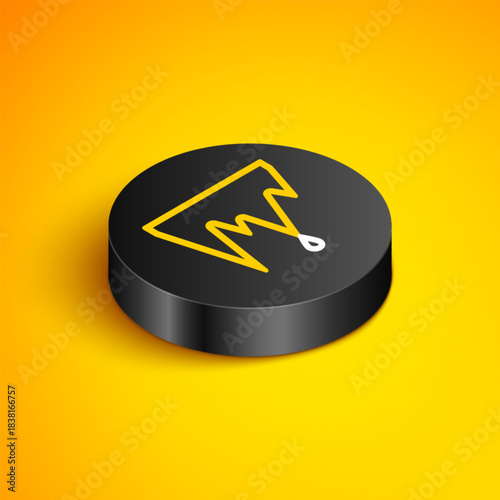 Isometric line Icicle icon isolated on yellow background. Stalactite, ice spikes. Winter weather, snow crystals. Black circle button. Vector