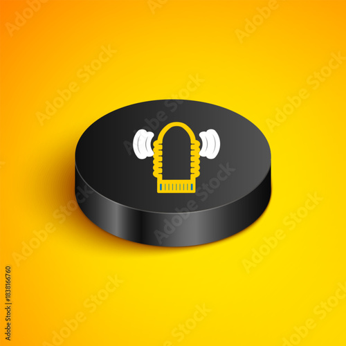 Isometric line Dildo vibrator for sex games icon isolated on yellow background. Sex toy for adult. Vaginal exercise machines for intimate. Black circle button. Vector