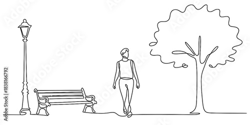 Continuous line drawing of a person walking past a lamppost, park bench, and a tree, depicting outdoor leisure and simple elegance. Vector, illustration