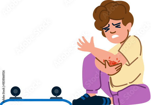 Boy falling off skateboard having painful arm injury