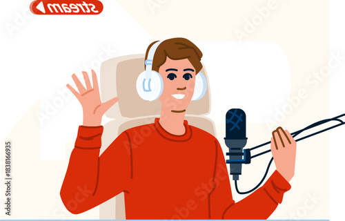 Man streaming online podcast with microphone and headphones
