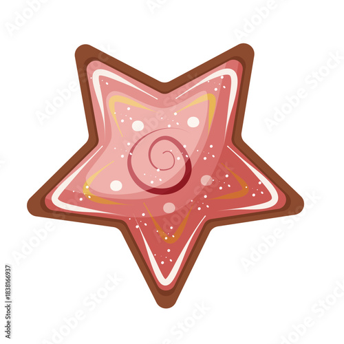 Vector gingerbread cookie in the form of pink star isolated. Christmas pastry on the white background. Illustration for bakery, candy store.