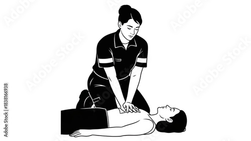 First Responder Performing CPR Silhouette Line Art on Collapsed Patient