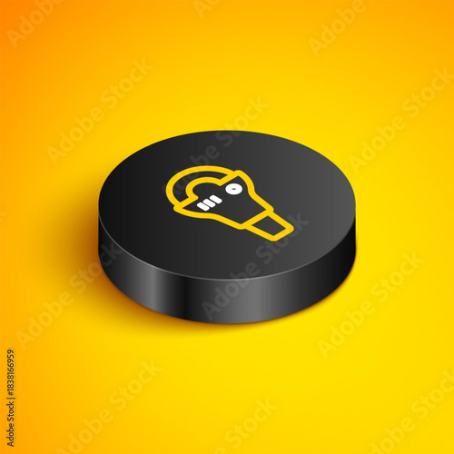 Isometric line Angle grinder icon isolated on yellow background. Black circle button. Vector