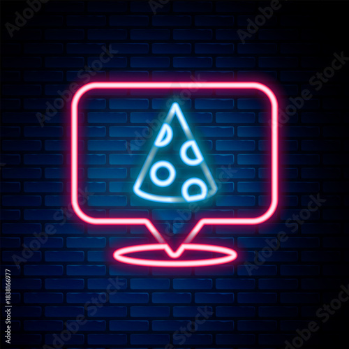 Glowing neon line Slice of pizza icon isolated on brick wall background. Fast food menu. Colorful outline concept. Vector