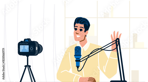 Man streaming podcast content creating online video