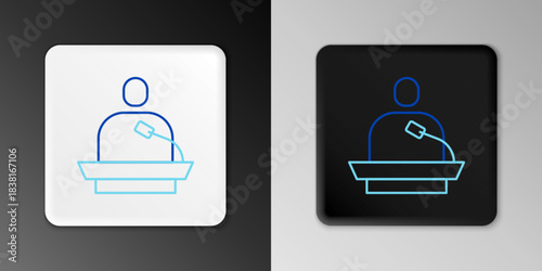 Line Gives lecture icon isolated on grey background. Stand near podium. Speak into microphone. The speaker lectures and gestures. Colorful outline concept. Vector