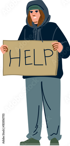 Homeless person asking for help holding cardboard sign