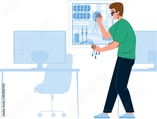 Man working on server wiring network maintenance