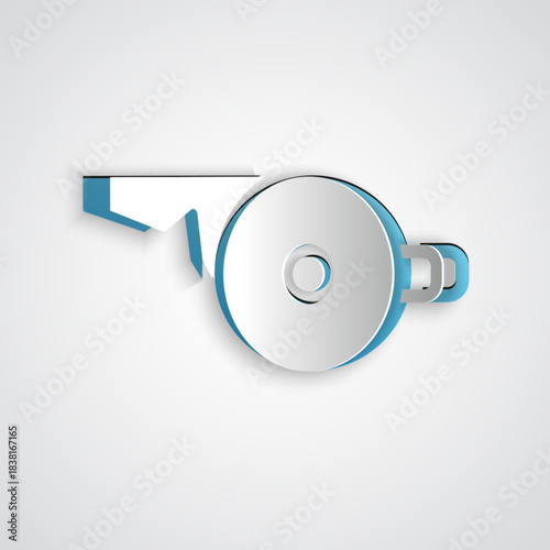 Paper cut Whistle icon isolated on grey background. Referee symbol. Fitness and sport sign. Paper art style. Vector