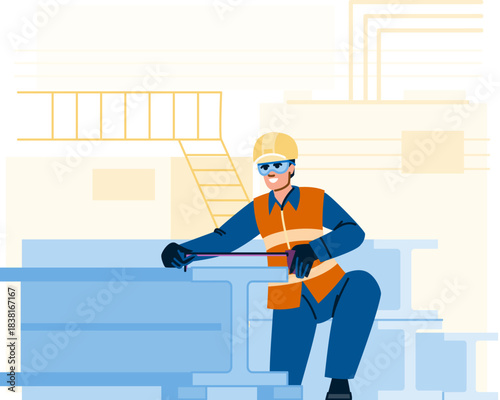 Construction worker measuring metal beam on building site