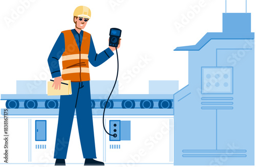 Factory worker operating machinery on conveyor belt system