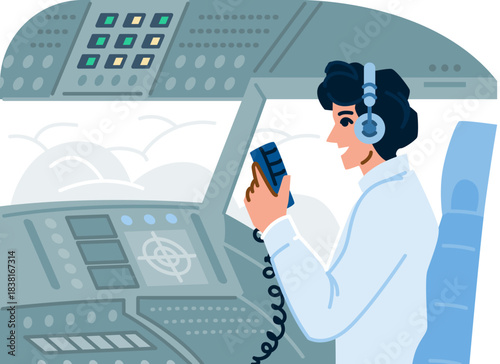 Pilot communicating in airplane cockpit during flight