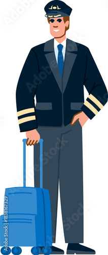 Male airline pilot standing with baggage illustration