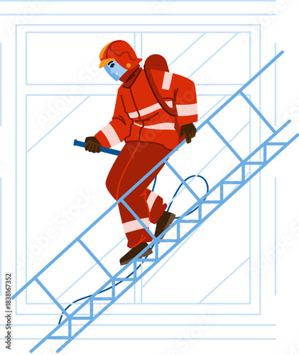 Firefighter climbing ladder doing rescue operation