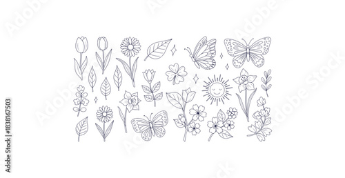 Charming black line art spring doodle collection featuring flowers leaves butterflies and sun on a clean white background