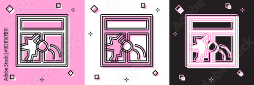 Set Broken window icon isolated on pink and white, black background. Damaged window. Beaten windowpane concept. Vandalism. Vector