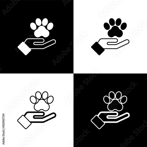 Set Hands with animals footprint icon isolated on black and white background. Pet paw in heart. Love to the animals. Vector