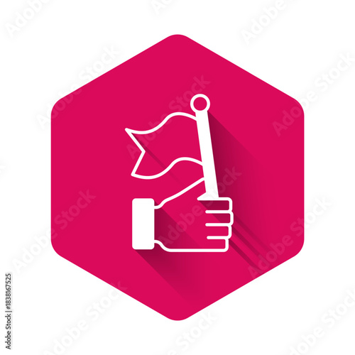 White Hand holding flag icon isolated with long shadow background. Victory, winning and conquer adversity concept. Pink hexagon button. Vector