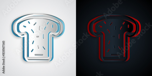 Paper cut Bread toast for sandwich piece of roasted crouton icon isolated on grey and black background. Lunch, dinner, breakfast snack. Paper art style. Vector
