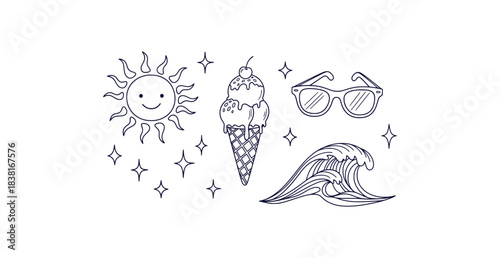 Charming hand drawn summer vacation doodles featuring sun ice cream sunglasses and ocean waves with playful sparkles