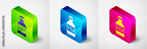 Isometric Tequila bottle icon isolated on grey background. Mexican alcohol drink. Square button. Vector