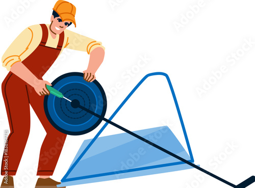 farmer repairs a wheeled cart