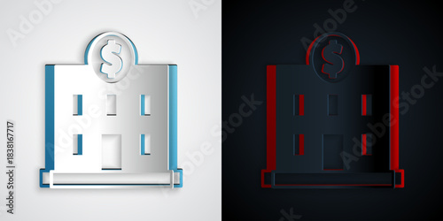 Paper cut Bank building icon isolated on grey and black background. Paper art style. Vector