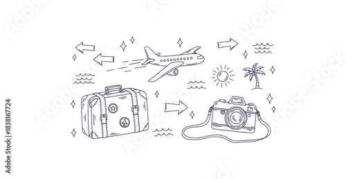 Hand drawn vacation doodles featuring a suitcase airplane camera sparkles and arrows for travel themes