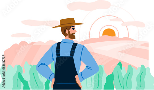 Farmer observing sunrise over rural agricultural field at dawn