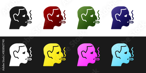 Set Man smoking a cigarette icon isolated on black and white background. Tobacco sign. Vector