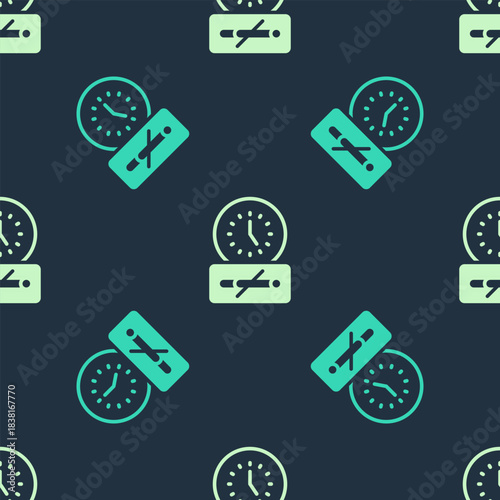 Green and beige No smoking time icon isolated seamless pattern on blue background. Cigarette smoking prohibited sign. Vector