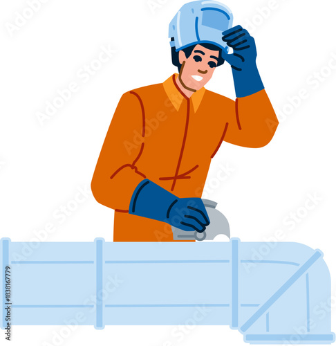 Worker repairing industrial pipeline wearing safety helmet