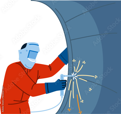 Welder performing gas metal arc welding on steel