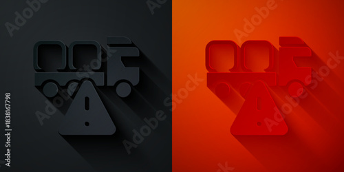 Paper cut Stop delivery cargo truck vehicle icon isolated on black and red background. Paper art style. Vector