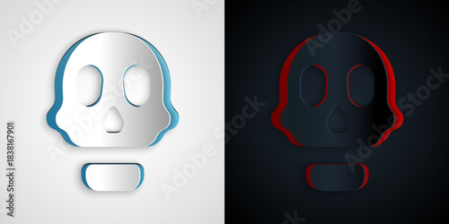Paper cut Skull icon isolated on grey and black background. Happy Halloween party. Paper art style. Vector