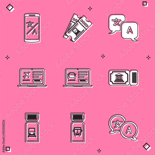 Set Online translator, Train ticket, Translator, Laptop with, car sharing, Museum, and Bus icon. Vector
