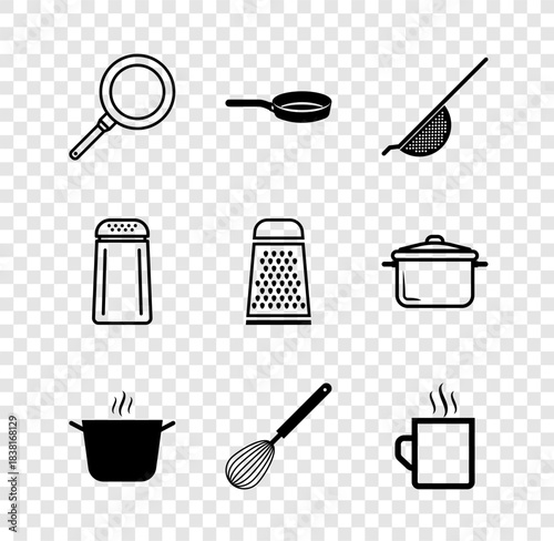 Set Frying pan, Kitchen colander, Cooking pot, whisk, Coffee cup, Salt pepper and Grater icon. Vector