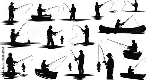 Fishing Silhouette Vector Set, Fisherman Catching Fish in Water, Boat, and Canoe with Rod and Line, Black and White Graphic Illustration