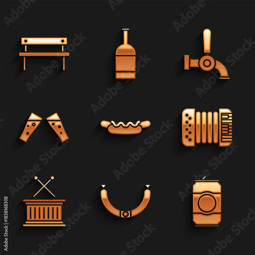 Set Hotdog sandwich, Sausage, Beer can, Accordion, Musical drum sticks, Glass of beer, tap and Bench icon. Vector