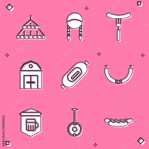 Set Massive steel chandelier, Braid, Sausage on the fork, Farm House, Salami sausage, Signboard with glass of beer and Banjo icon. Vector