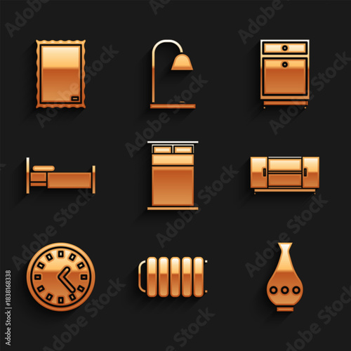 Set Big bed, Heating radiator, Vase, TV table stand, Clock, Bed, Furniture nightstand and Picture icon. Vector