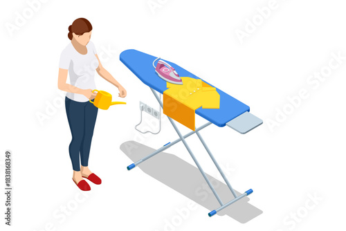 Isometric illustration of a woman standing next to an ironing board with a shirt and electric iron placed on top. Household scene showing domestic chores and textile care at home.