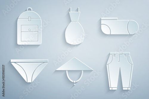 Set Asian conical hat, Sport socks, Men underpants, Pants, Woman dress and Backpack icon. Vector