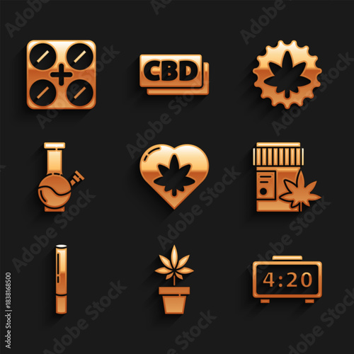 Set Marijuana leaf in heart, or cannabis plant, Digital alarm clock, Medical bottle with marijuana, joint, Glass bong for smoking, and pills icon. Vector