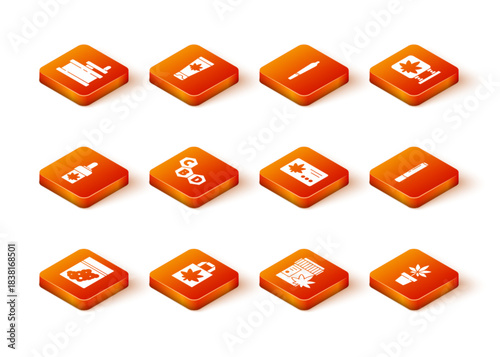 Set Plastic bag of cannabis, Shopping paper marijuana, Marijuana or olive oil, Cannabis molecule, Medical bottle with, Calendar and leaf, plant and joint icon. Vector