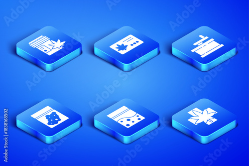 Set Medical marijuana or cannabis leaf, bottle with, Plastic bag of, Calendar and and Manual grinder icon. Vector