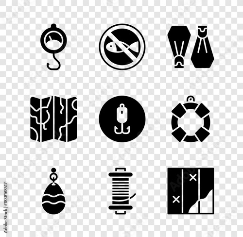 Set Spring scale, No fishing, Rubber flippers for swimming, Fishing spoon, Spinning reel, Folded map, and hook icon. Vector