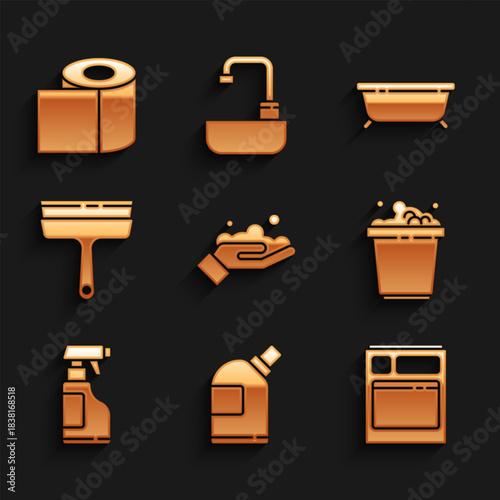 Set Washing hands with soap, Bottles for cleaning agent, Kitchen dishwasher machine, Bucket suds, Spray bottle detergent liquid, Rubber cleaner windows, Bathtub and Toilet paper roll icon. Vector